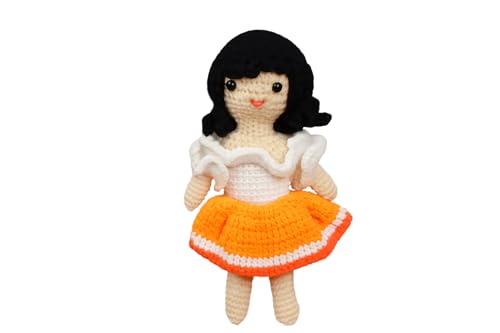 Image of Sutra Handmade Crochet Doll in Orange & White Dress | Wool Amigurumi Soft Toy | Handmade Gift for Kids, Nursery & Home Decor