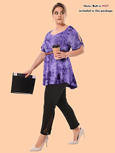 Larace Tie Dye Shirt Womens Business Casual Tops Square Neck Plus Size Tunics Short Sleeve Summer Clothes Knotted Blouses(B-Purple 3X) #TOP5