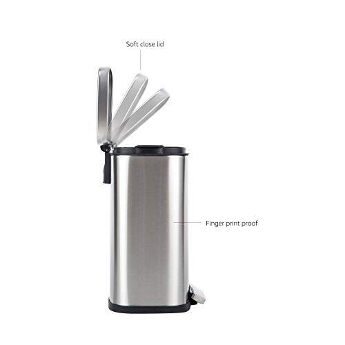 Amazon Basics Smudge Resistant Small Rectangular Trash Can With Soft-Close Foot Pedal, Brushed Stainless Steel, 5 Liter/1.3 Gallon, Satin Nickel Finish #TOP2