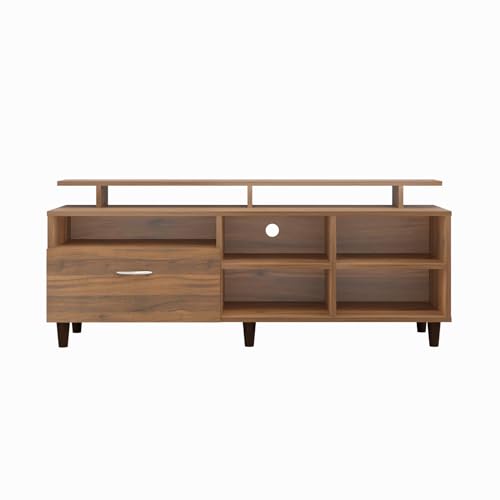 Image of VIKI Modern TV Unit for Living Room | Engineered Wood TV Cabinet with 1 Drawer Storage, 2 Open Shelves & Extension, Entertainment Unit, 140W x 48H x 40D cm | DIY | 1 Year Warranty (Walnut)