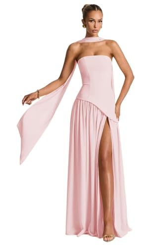 Damen Trägerloses Tube-Kleid Hochzeitsgäste Brautjungfernkleid Sexy Rückenfrei Hochgeschlitzt Langes Abendkleid,Rosa,S