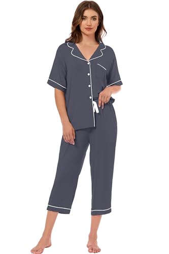Image of LUBOT Womens Bamboo Viscose Pajamas for Women PJ Set 2 Piece Cooling Soft Short Sleeve Capri Pants Summer Sleepwear Set S-XXL