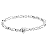 BEAMARKER Pulseras de Cuentas con Inicial para Mujer, Cadena de Mano Bohemia con Inicial de Corazón de Plata, Delicada Letra M, Pulsera de Cuentas Elásticas Hecha A Mano, Joyería de Moda, Regalos para