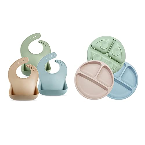 Image of PandaEar Set of 3 Cute Silicone Baby Bibs & Unbreakable Silicone Baby and Toddler Plates