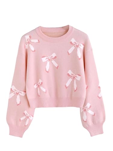 WDIRARA Girl's Cute Bow Sweater Crew Neck Long Sleeve Pullover Knit Tops