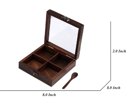 Image of Majestic Mart Sheesham Wooden masala box /namak dani /spices box /masala daani /organizer /masala dabba /spice jar /spice storage box with Glass top for Kitchen. (4 CONTAINERS)
