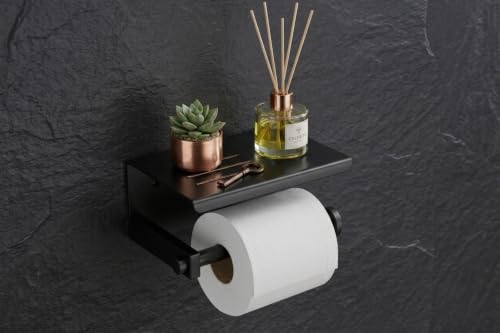 Image of Premium Stainless Steel Toilet Paper Holder with Storage Shelf | Matte Black Anti-Rust Bathroom Tissue Roll Dispenser | Wall Mounted Phone Holder & Organizer (Square BL44)
