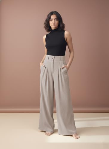 Image of GRECIILOOKS Trousers for Women High Waist | Wide Leg Trousers | Office Wear Pleated Korean Pants for Women's | Elegant Formal Pants