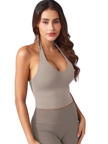 YEOREO Women's Halter Crop Top V Neck Workout Going Out Tank Top Hazel Padded Sleeveless Backless Trendy Summer Camisole3