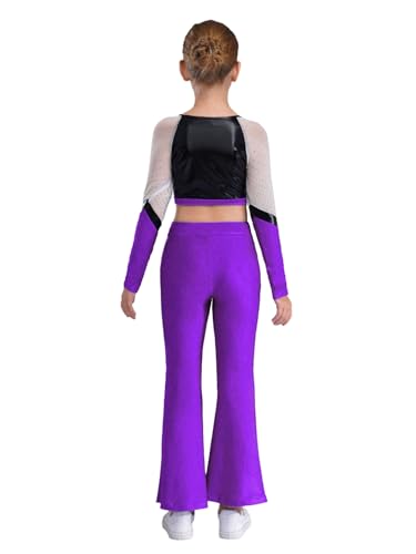 Kids Girls 2 Piece Gymnastic Dance Outfits Sparkly Long Sleeve Color Block Cheer Crop Top And Flared Pants Set Purple 14 Years2