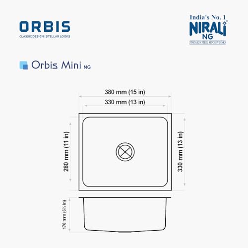 Image of NIRALI Kitchen Sink 15x13 Inch 304 Stainless Steel | Single bowl Sink Round Coupling | Rust & Stain Resistant | Glossy Finish | Minimizes Sound Orbis Kitchen SInk (Glossy, 15 inch X 13 inch X 8 inch)