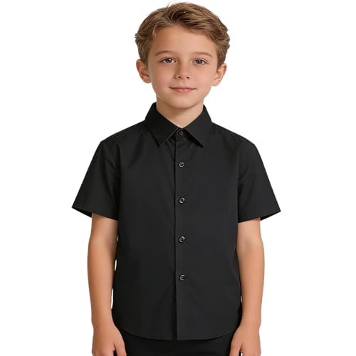 Fohuanky Uniforme Escolar de Manga Corta para niño de, 100% algodón, Corte Recto, Camiseta de Verano Transpirable, Camisa Formal con Botones para niños de 4 a 14 años