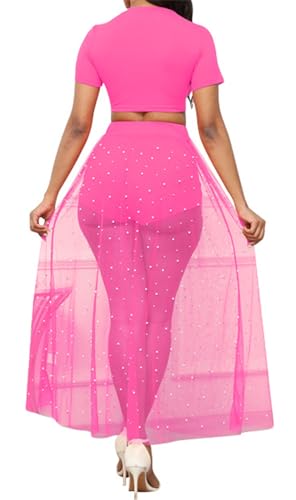 Womens Sexy 3 Pieces T-Shirts Tops Bodycon Shorts Mesh Pearls Skirts Party Clubwear Beach Outfits Set2