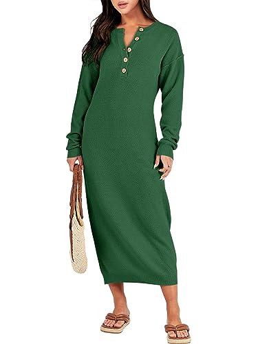 Image of ANRABESS Women Long Sleeve Button V Neck Oversized Casual Loose Fit Waffle Knit Fall Midi Sweater Dress 2026 Trendy Outfits