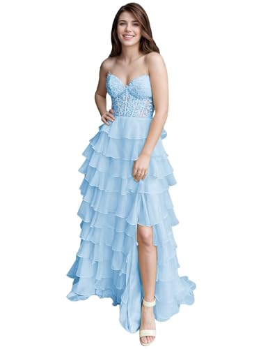 Strapless Corset Prom Dresses for Women Long Tiered Ruffle Formal Evening Gowns with Slit