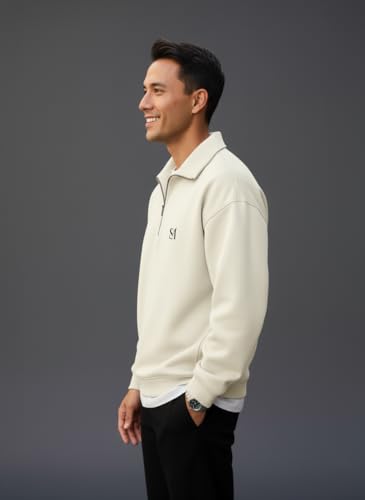Image of SMOWKLY Men's Half Zip Sweatshirt | Oversized Winter Wear for Men | Mock Neck Quarter Zip Pullover | Full Sleeve Fleece Sweatshirt | Casual Streetwear | Warm Cotton Blend Upperwear for Men