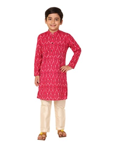 Image of KISAH Kid's Full Sleeves Cotton Blend Knee Length Printed Hot Pink Kurta Pyjama Set (3-4Y)