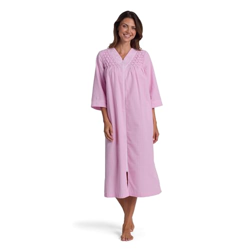 Image of Miss Elaine Long Seersucker Women's Robe, Pockets and Zipper with Front Embroidered Trim, Sleepwear & Loungewear