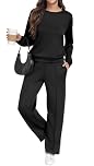 GRECERELLE Tracksuit Womens Full Set Autumn Long Sleeve Lounge Wear Sets for Women Two Piece Outfits Activewear Casual Crew Neck Pullover Tops and Jogging Bottoms with Pockets (Black, L)