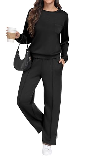 GRECERELLE Tracksuit Womens Full Set Autumn Long Sleeve Lounge Wear Sets for Women Two Piece Outfits Activewear Casual Crew Neck Pullover Tops and Jogging Bottoms with Pockets (Black, M)