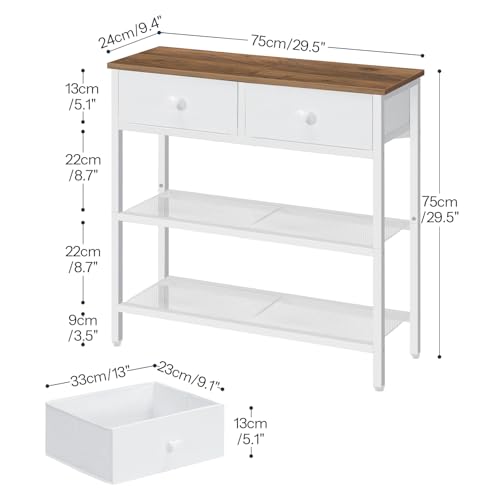 HOOBRO Schmaler Konsolentisch, 75 cm Flurtisch mit Schublade und 2-stufigen Ablagefächern, Beistelltisch, Kleiner Ausstellungstisch, Sofatisch, Eingang, Flur, Weiß und Walnuss EWH72XG01