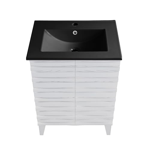 Image of Swiss Madison Cascade 24 in. White Oak Bathroom Vanity with Black Ceramic Sink Top