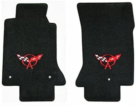 Fits 1997-2004 C5 Corvette Classic Loop Black Floor Mats Set Crossed Flags Logo in Red