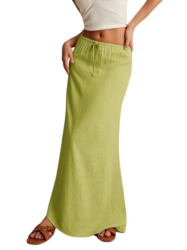 EARKOHA 2025 Women's Summer Maxi Skirt Drawstring Low Waist A Line Linen Long Flowy Skirts Lime Green XS