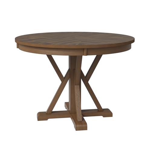HULALA HOME Round Dining Table for 4, 42\" Rustic Farmhouse Pedestal Table with White Brushed Finish, Solid Rubberwood Base(Walnut)