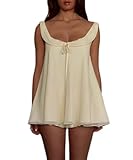 UAURORAO Women Cute Babydoll Shorts Set Sleeveless Chiffon Ruffle Tank Top Flowy Wide Leg Shorts Pajamas Pjs Loungewear(Elegant Beige,Small)