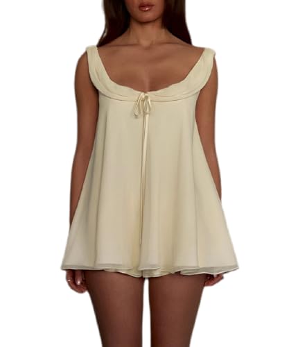 UAURORAO Women Cute Babydoll Shorts Set Sleeveless Chiffon Ruffle Tank Top Flowy Wide Leg Shorts Pajamas Pjs Loungewear(Elegant Beige,Small)