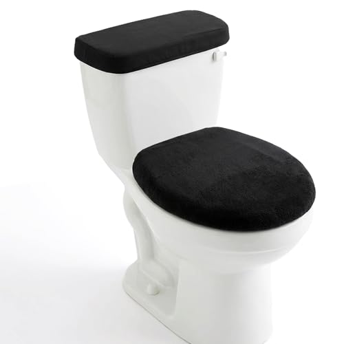 Exircy Toilet Lid Cover and Toilet Tank Lid Cover Soft Velvet Toilets Covers with Elastic Bottom Bathroom Toilets Lids Seat Covers Set Replacement Machine Wash Replacement Fits Most Lids (Black)