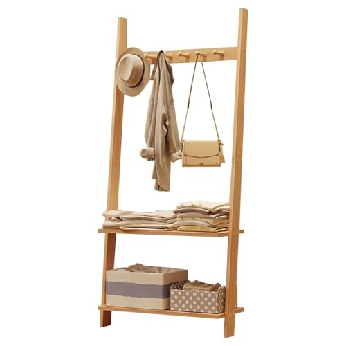 BEARQUN Galán de Noche de Madera Maciza con 2 Baldas y 4/6/8 Ganchos, Madera Robusta, Soporta hasta 80 kg, para Colgar Ropa Sombrero : 50/70/90CM - Altura 159 CM