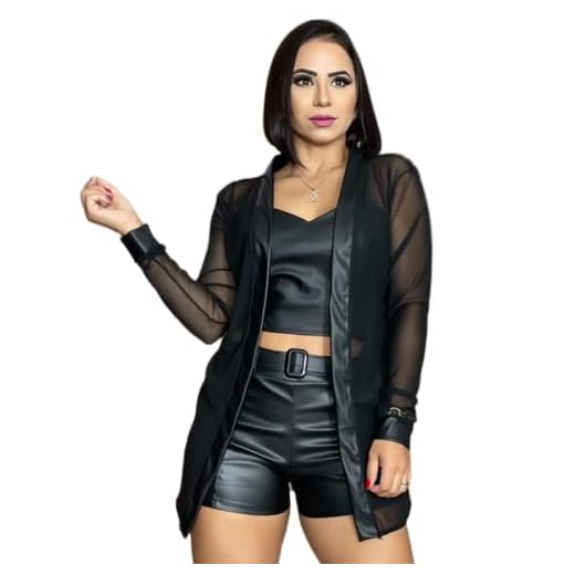 Cardigan Feminino Longo de Tulê Transparente Preto (Único, Preto)