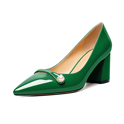 AUMOTED Womens Block Chunky Heels Pumps Patent Party Pointed Toe Slip On Fashion Casual Block Mid...