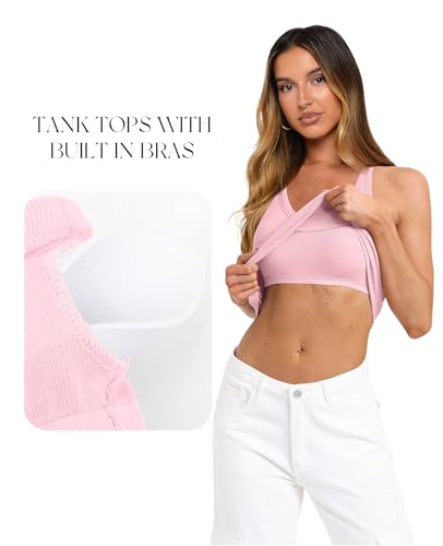 Image of Darong Womens Ribbed Halter Neck Tank Top with Built in Bras Summer Clothes