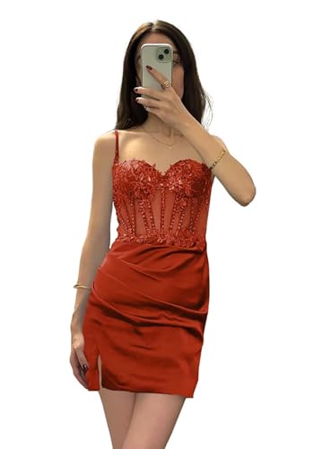 Wchecalino Satin Homecoming Dresses 2025 Tight Spaghetti Strap Short Lace Applique Corset Formal Cocktail Party Mini Gowns