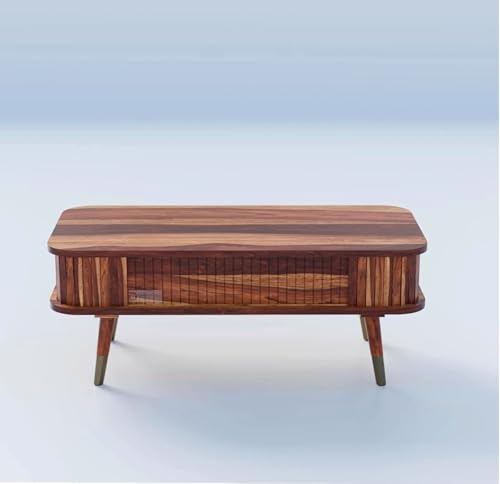 Image of DRIFTINGWOOD Travor Solid Sheesham Wood Coffee Table with Storage | Center Table for Living Room | Tea Table with Sliding Doors and 2 Compartments | Natural Finish