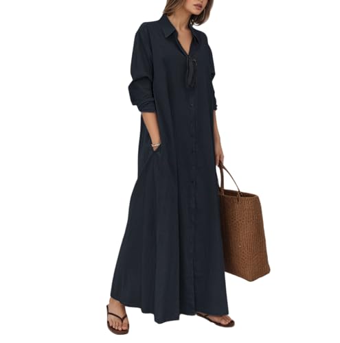Fall Cotton Long Sleeve Shirt Dress for Women V-Neck Casual Button Down Loose Beach Flowy Maxi Dress with Pocket