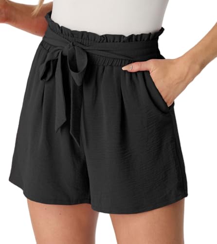 PrinStory Damen Shorts High Waist Kurze Hose Leicht Sommershorts Gürtel Breites Bein Strandshorts Mit Taschen (Schwarz,M)