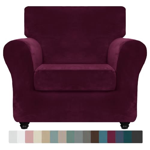 ZNSAYOTX Luxury Velvet Chair Slipcovers with Arm 2 Piece Stretch Chair Covers for Living Room Thick Soft Armchair Slipcover Anti Slip Dog Pet Friendly Furniture Protector (Wine Red),30"-47"(1 CUSHION)