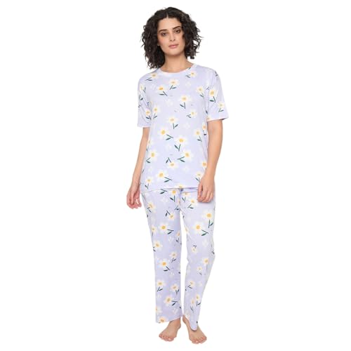 Image of CAMEY Women's Printed Pyjama Set, Short Sleeve T-Shirt and Trousers, Women Nightsuit, Loungewear Sets