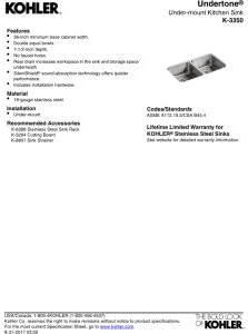 Kohler K-3350-NA Undertone Undermount Kitchen Sink diagram with features and specifications