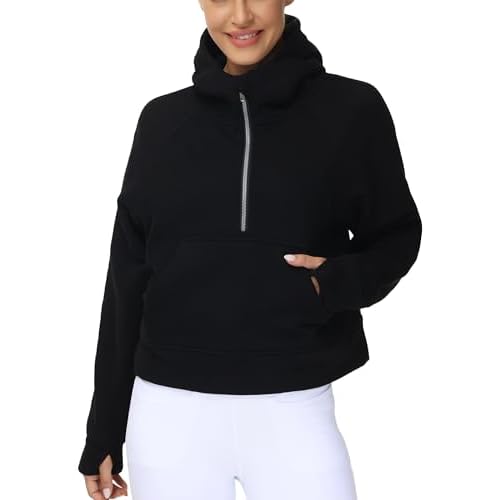 THE GYM PEOPLE Womens' Hoodies Half Zip Long Sleeve Fleece Crop Pullover Sweatshirts with Pockets Thumb Hole Black X-Small