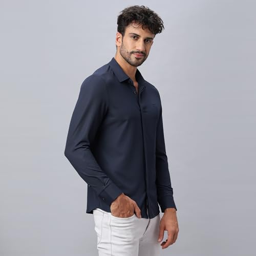 Image of HEKTOR Men's Hidden Button Shirt-Long Sleeve Bubble Check Shirt|Premium Nylon Blend, Regular Fit,Textured Smart
