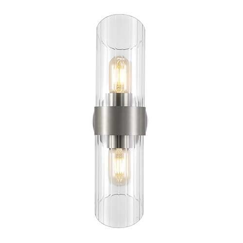 Image of SAFAVIEH Lighting Collection Eytan Clear Glass /Nickle Vertical Wall Sconce Set of 2 Light Fixture, Ideal for Bathroom, Entryway, Vanity, Foyer, Hallway, Living Room (LED Bulbs Included)
