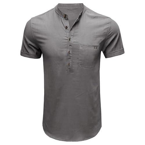 Men Henry Collar Solid Short Sleeve T Shirt Quarter Button Daily Style Shirts Summer Loose Breathable Pullovers Top (Grey,Large)