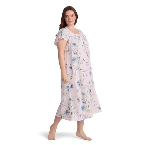 Image of Miss Elaine Silkyknit Long Nightgown, Round Neckline, Short Sleeves, Lace Details, Women's Sleepwear & Loungewear