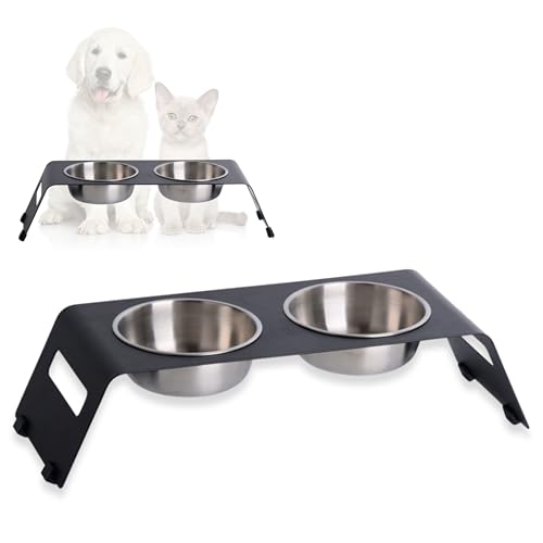 PETLINUS Futterstation Katzen Erhöht, Ergonomischer Katzennapf, Katze Fressnapf Edelstahl und Metall, Futternapf für Katzen und kleine Hunde, fressnapf Katze erhöht - Schwarz