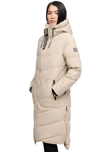 MARIKOO Damen Winterjacke Stepp Winter Jacke gesteppter Wintermantel warm lang Mantel [B949-Benik-Light-Taupe-Gr.S]